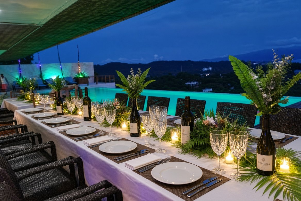 Candlelit poolside dinner table at Caipirinha Villa